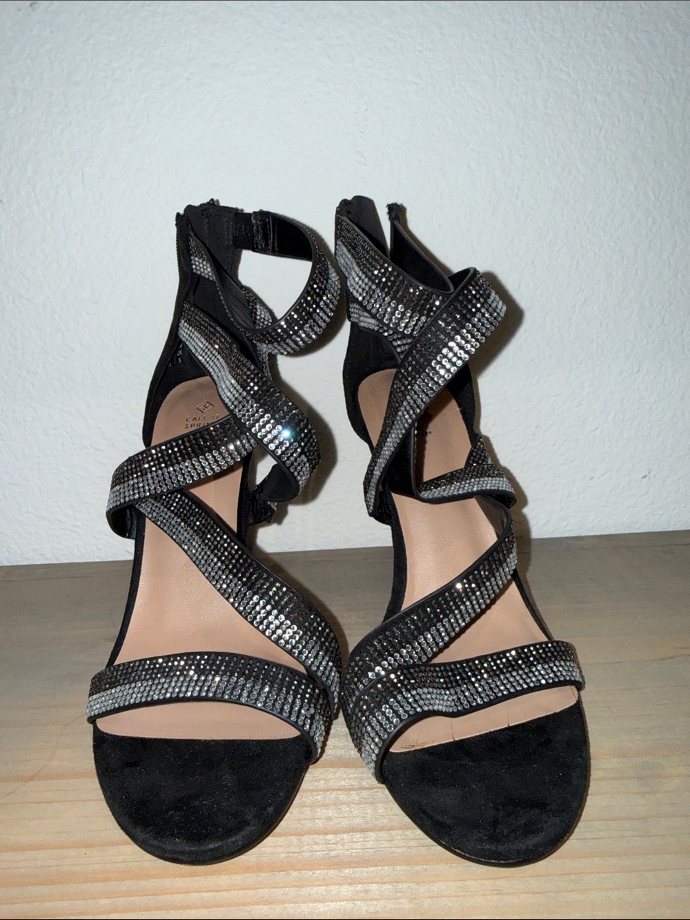 Call It Spring Black Rhinestone Strappy Heels, size 7.5